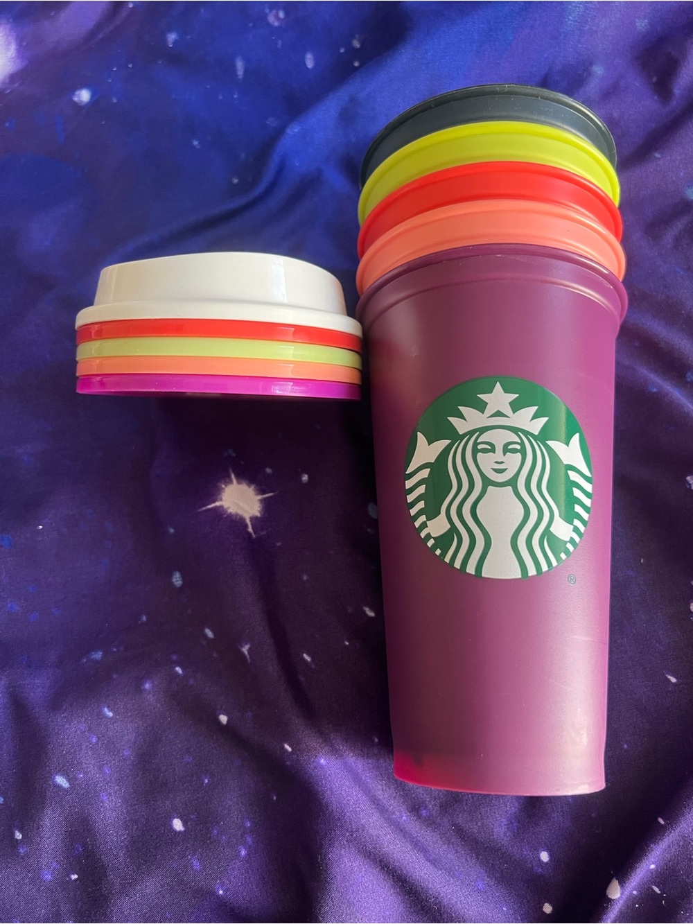 Starbucks Purple Tumbler with Assorted Bright Lids and coloring changing cups